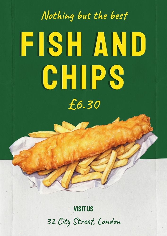 Fish and chips poster template, editable text and design