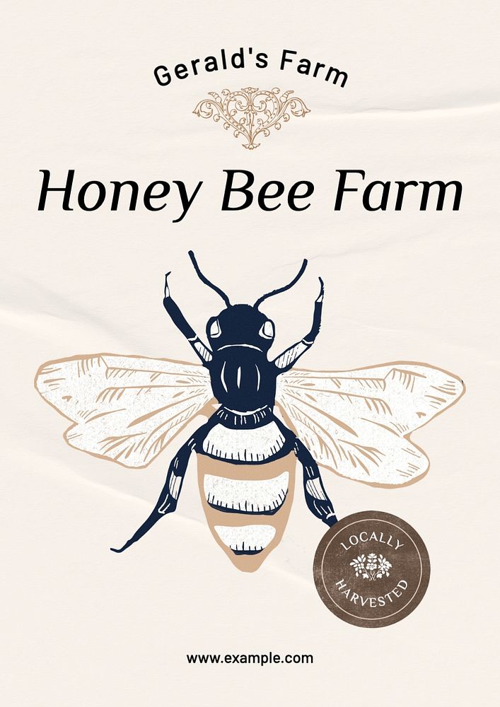 Honey bee farm poster template, editable text and design