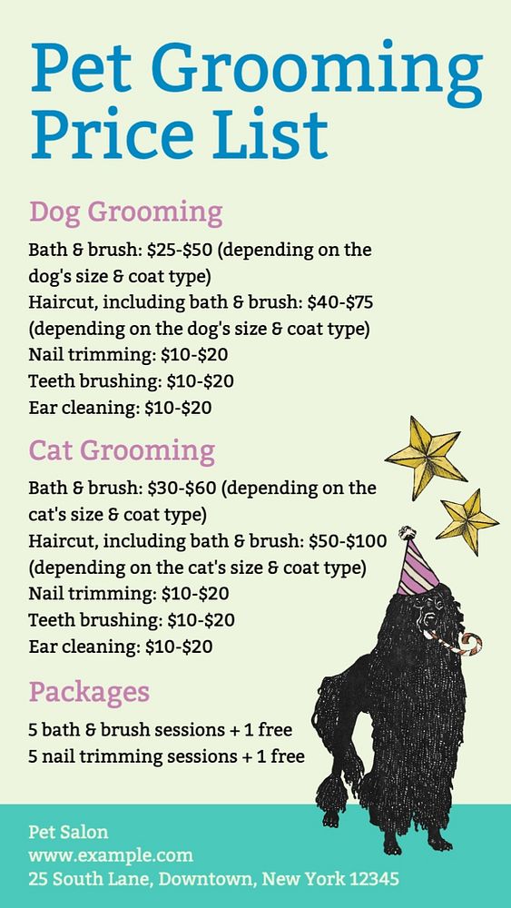 Pet grooming prices Instagram story template, editable text