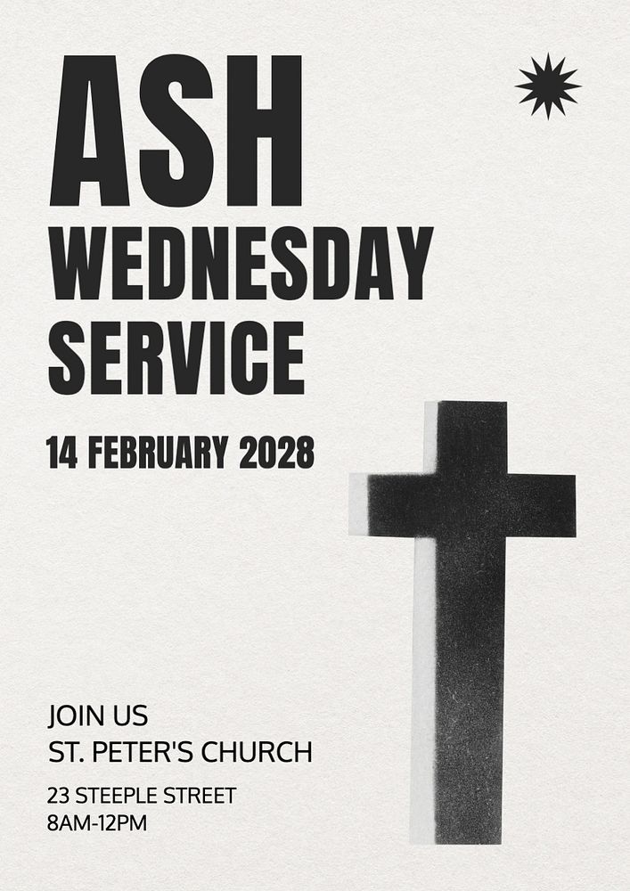 Ash Wednesday service poster template, editable text and design