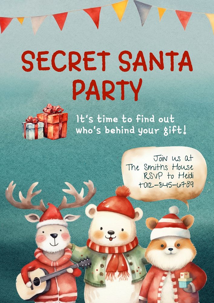 Secret Santa party poster template, editable text and design