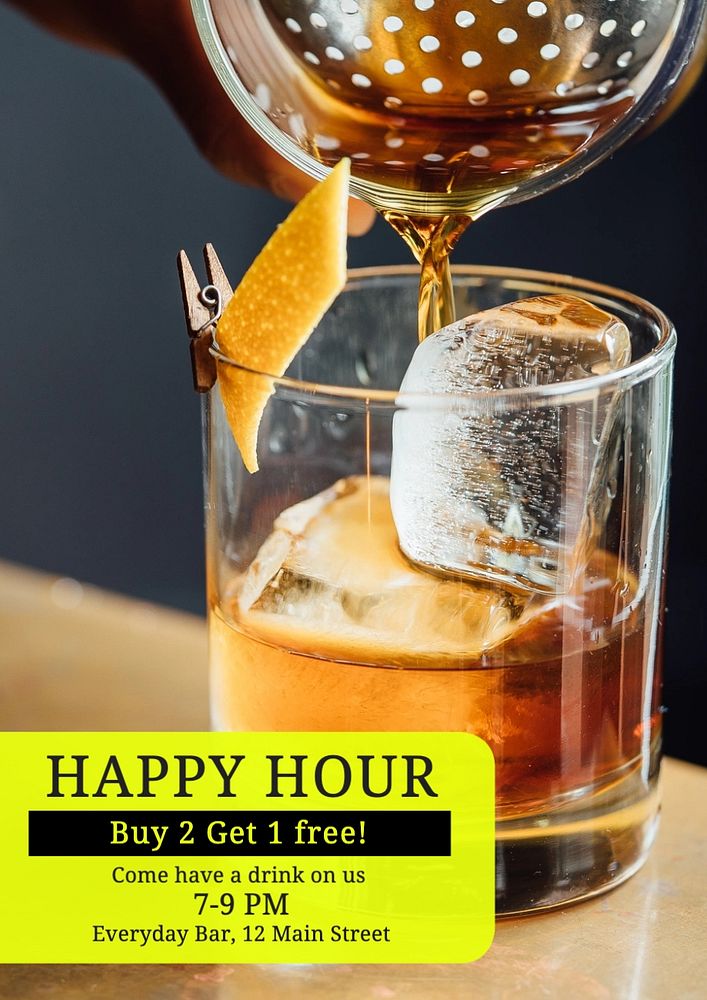 Happy hour poster template, editable text and design