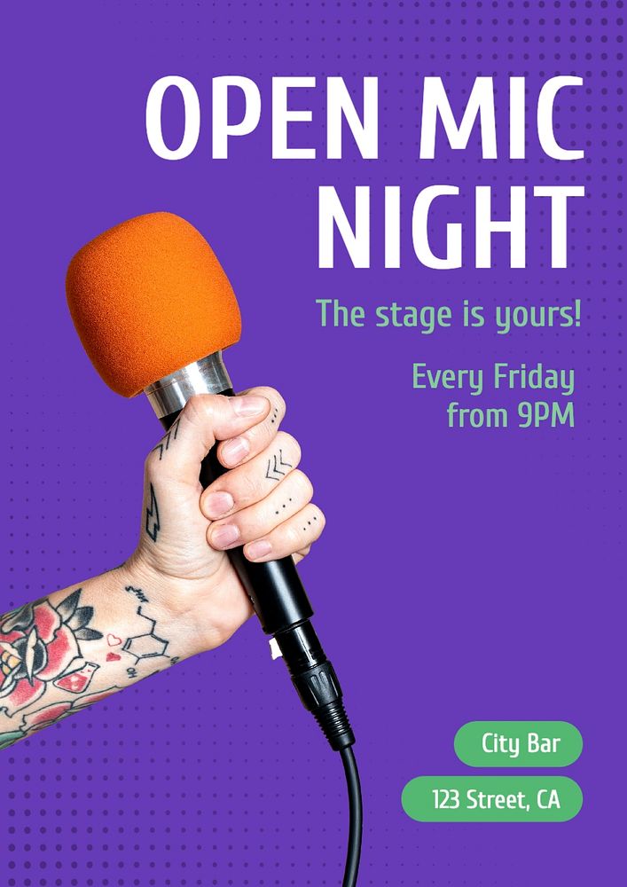 Open mic night poster template, editable text and design