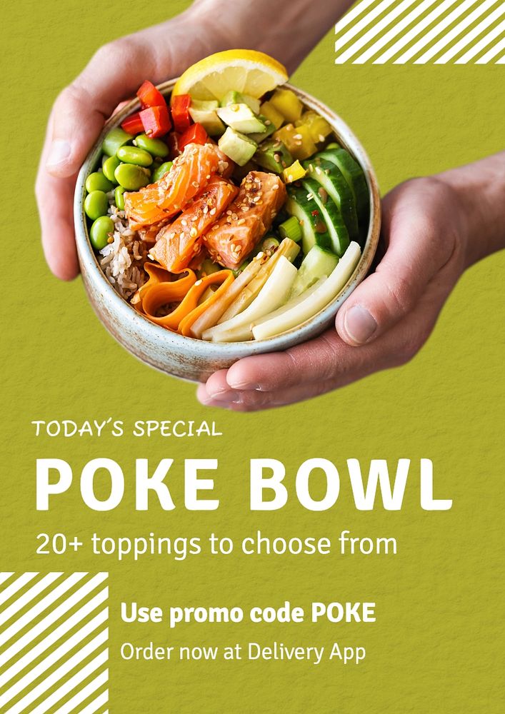 Poke bowl poster template, editable text and design