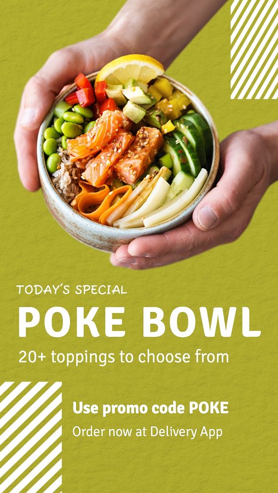 Poke bowl Instagram story template, editable text