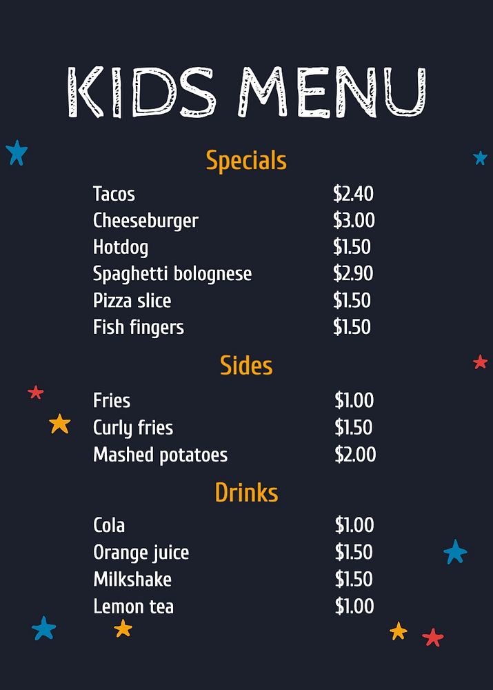 Kids menu template, editable text