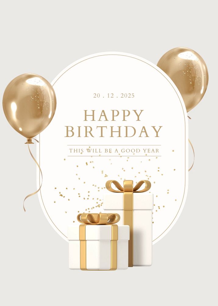 Gold birthday poster template, 3D rendering aesthetic