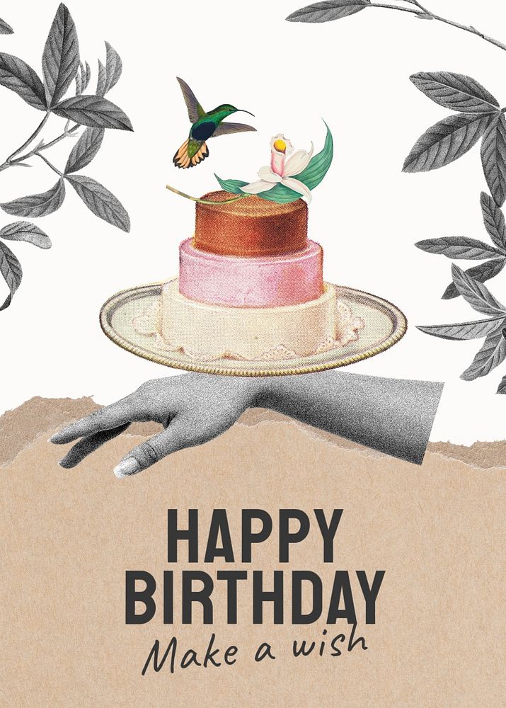 Vintage birthday poster template, cake illustration