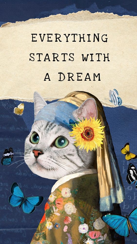 Instagram story template, Cat head Girl with a Pearl Earring remixed by rawpixel