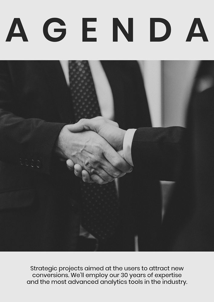 Business agenda poster editable template, businessmen shaking hands photo