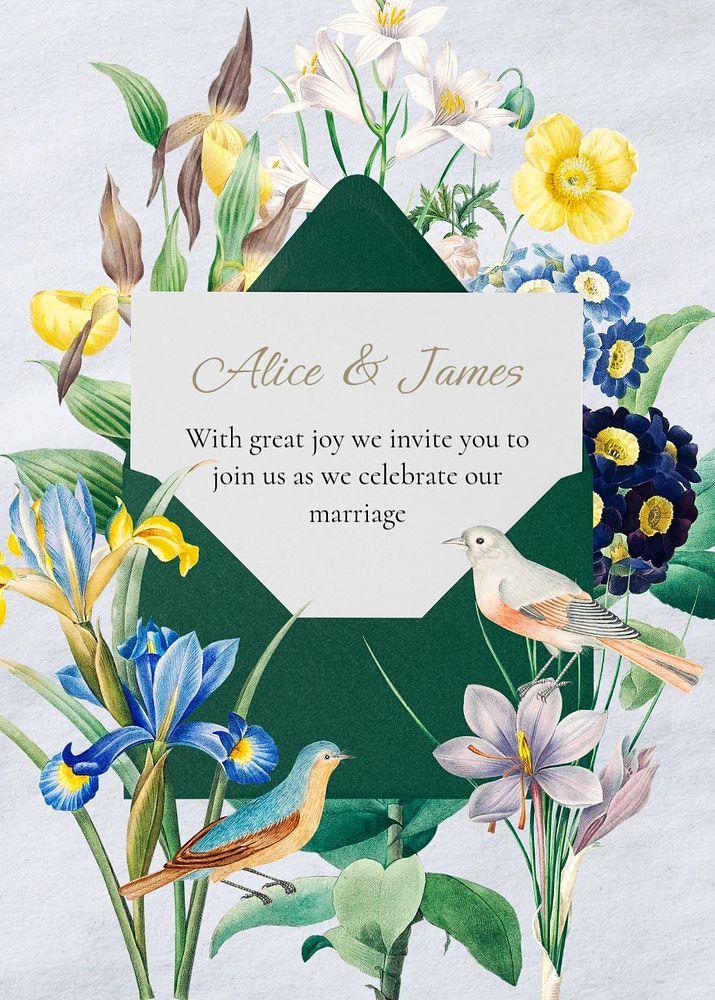 Wedding invitation card template, vintage botanical design, editable text