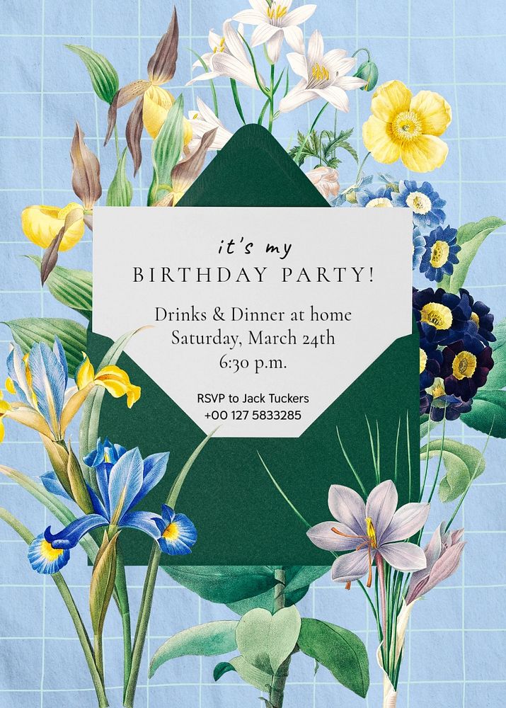 Birthday party invitation card template, vintage flower illustration, editable text