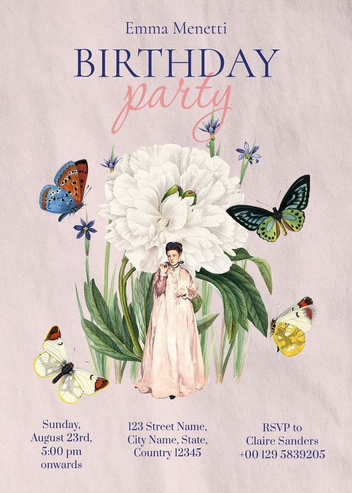 Birthday party invitation card template, vintage flower illustration, editable text