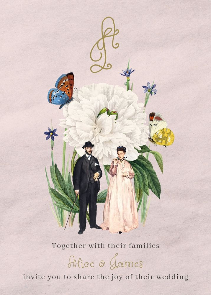 Wedding invitation card template, vintage botanical design, editable text