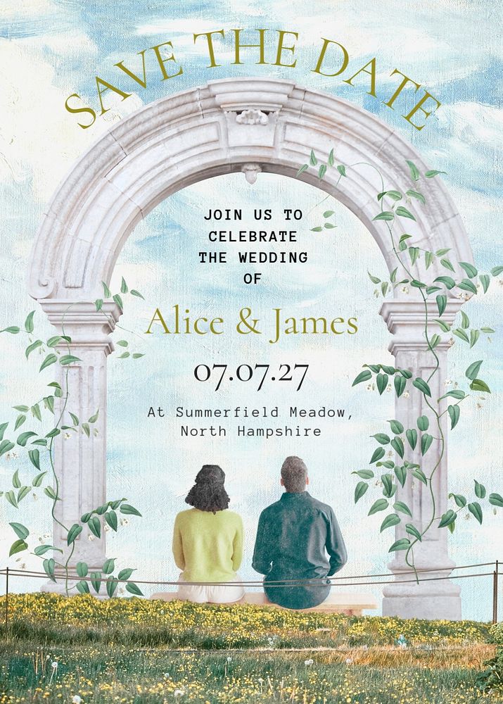 Wedding invitation card template, vintage botanical design, editable text