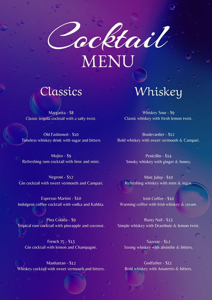 Cocktail menu poster template, editable text and design