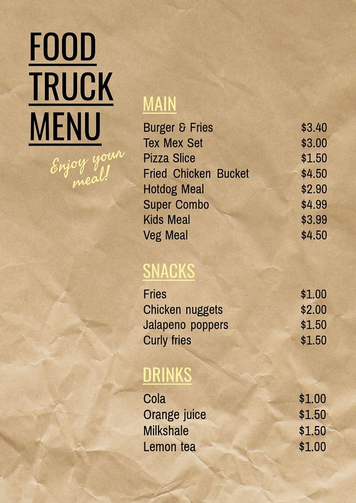 Food truck menu poster template, editable text and design