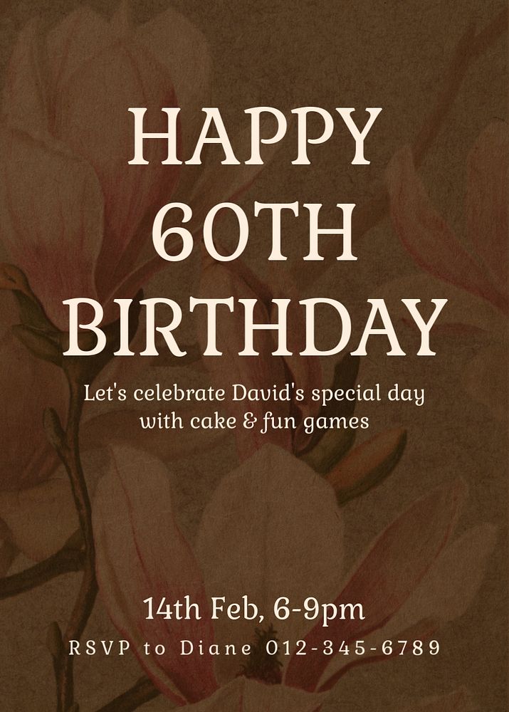 Happy 60th birthday card template, editable text