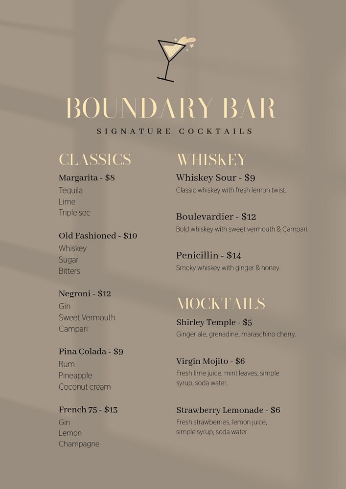 Cocktail menu poster template, editable text