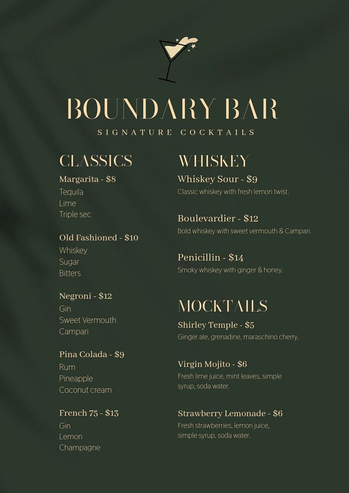 Cocktail bar menu, editable template for poster