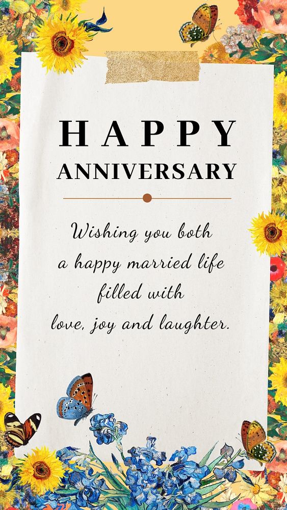 Happy anniversary Instagram story template, Van Gogh's Sunflowers, famous artwork remixed by rawpixel