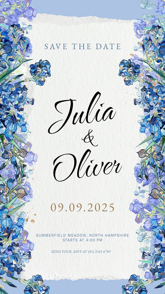 Floral wedding Instagram story template, Van Gogh's Irises, remixed by rawpixel