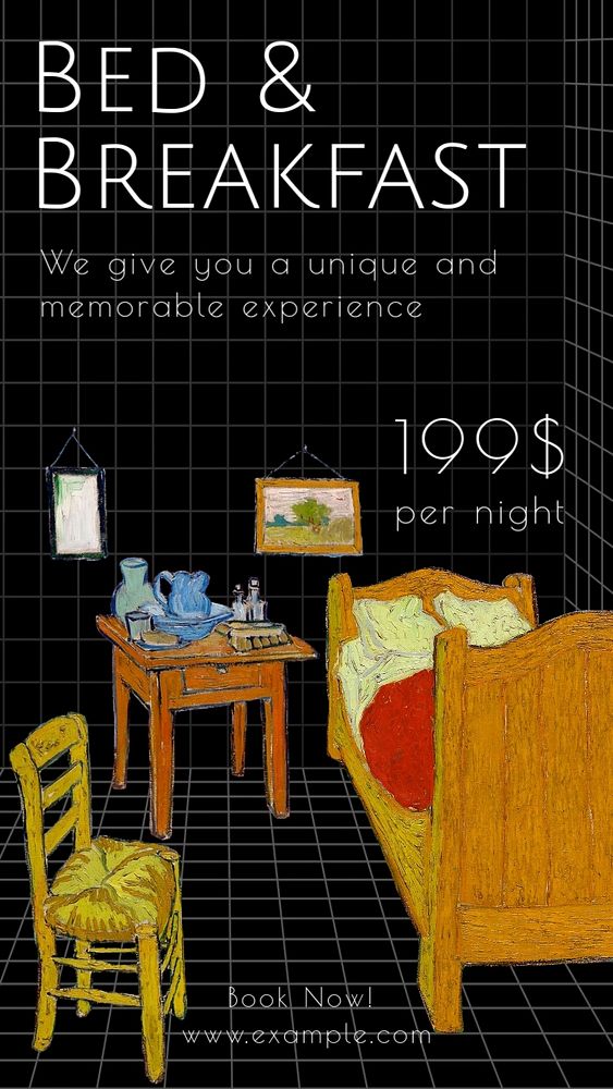 Vintage bedroom Instagram story template, famous Van Gogh illustration, remixed by rawpixel.