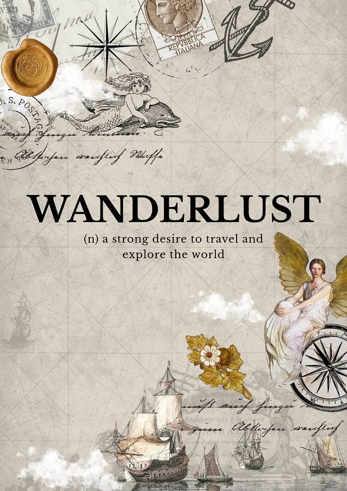 Wanderlust vintage Ephemera poster template, editable text