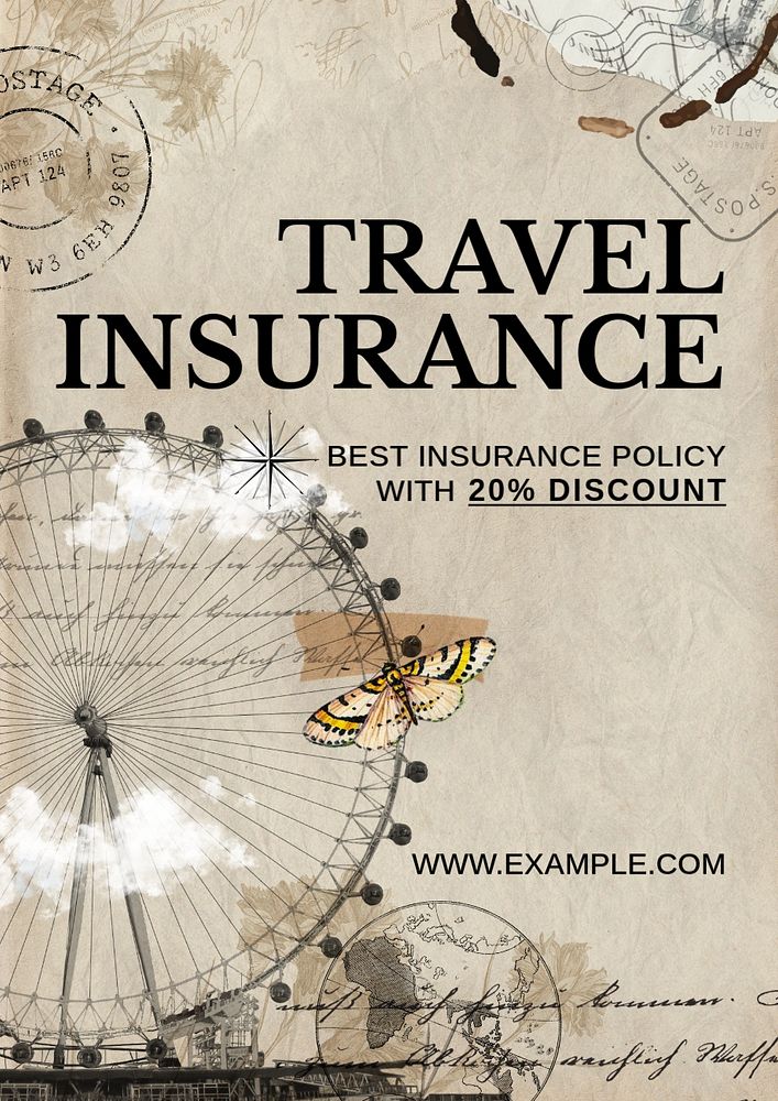 Travel insurance Ephemera poster template, editable text