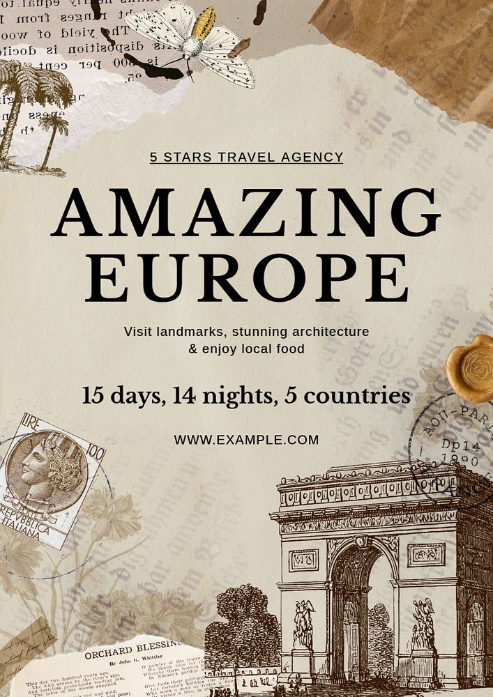 Europe travel Ephemera poster template, editable text