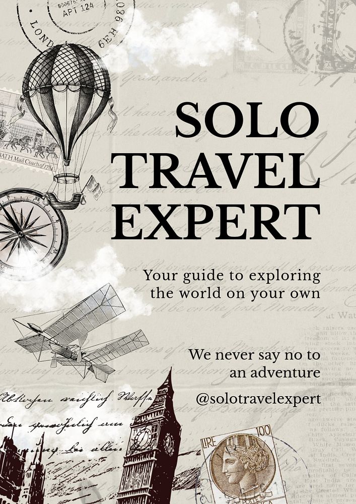 Solo travel Ephemera poster template, vintage design