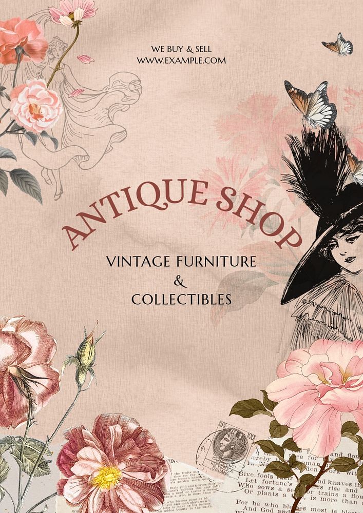 Antique shop editable poster template, vintage ephemera remix