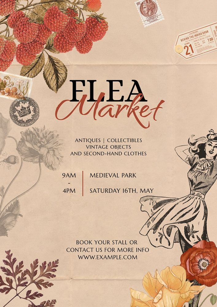 Flea market editable poster template, vintage ephemera remix