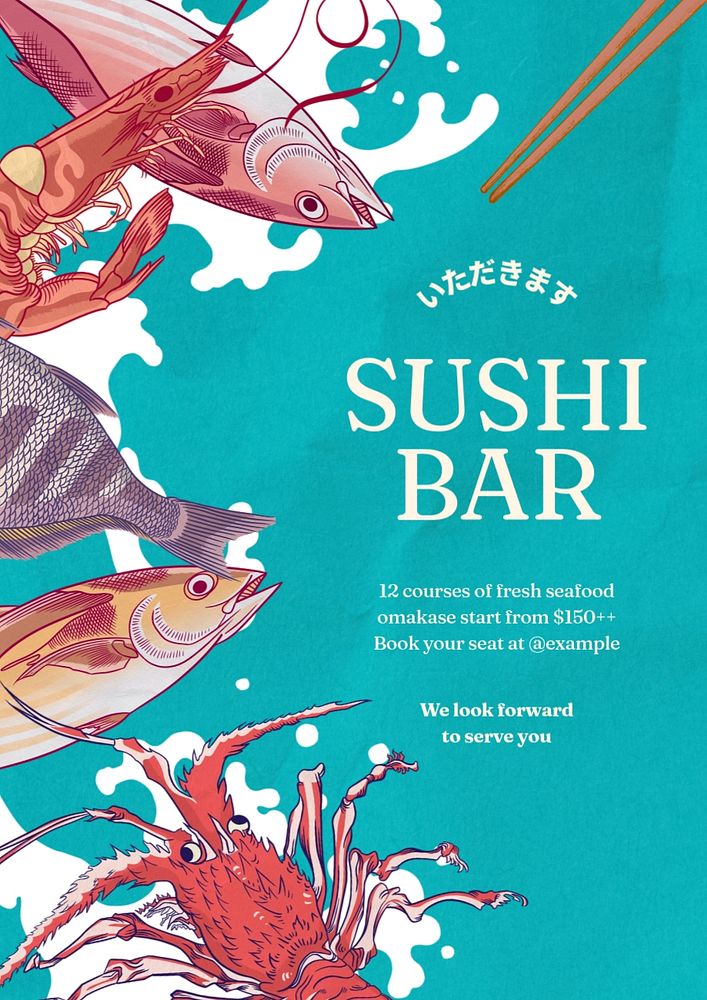 Sushi bar editable poster template, vintage Ukiyo-e art remix