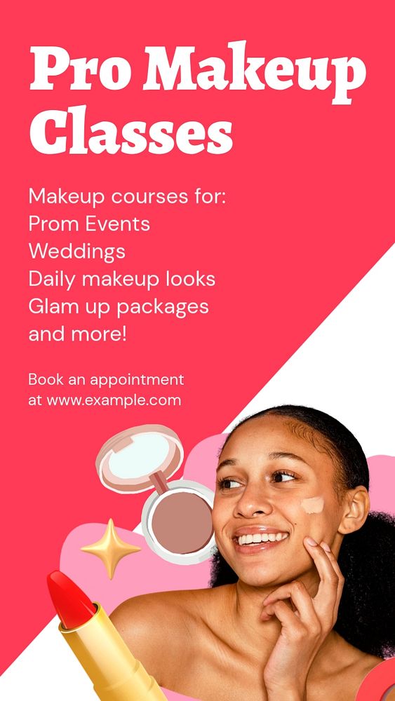 Makeup classes Instagram story template, editable text and funky design