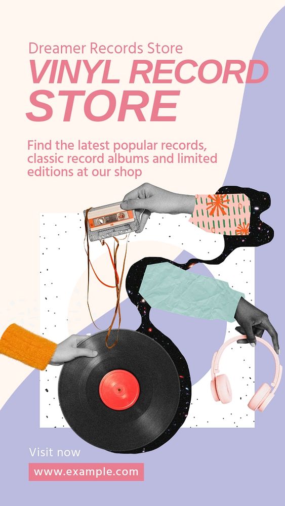 Vinyl record store Facebook story template, editable text