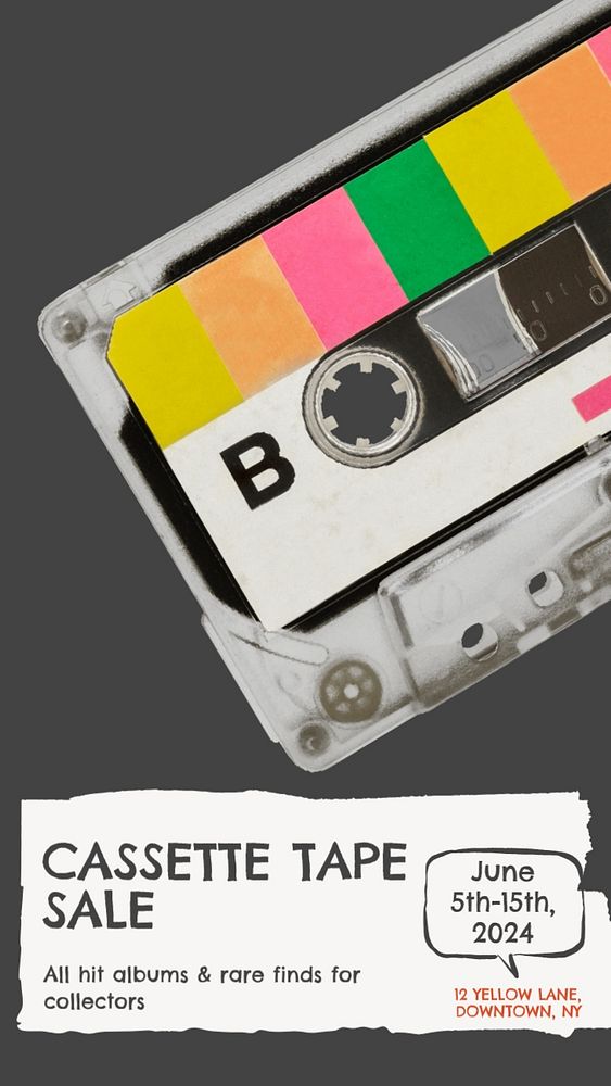 Cassette tape sale Facebook story template, editable text