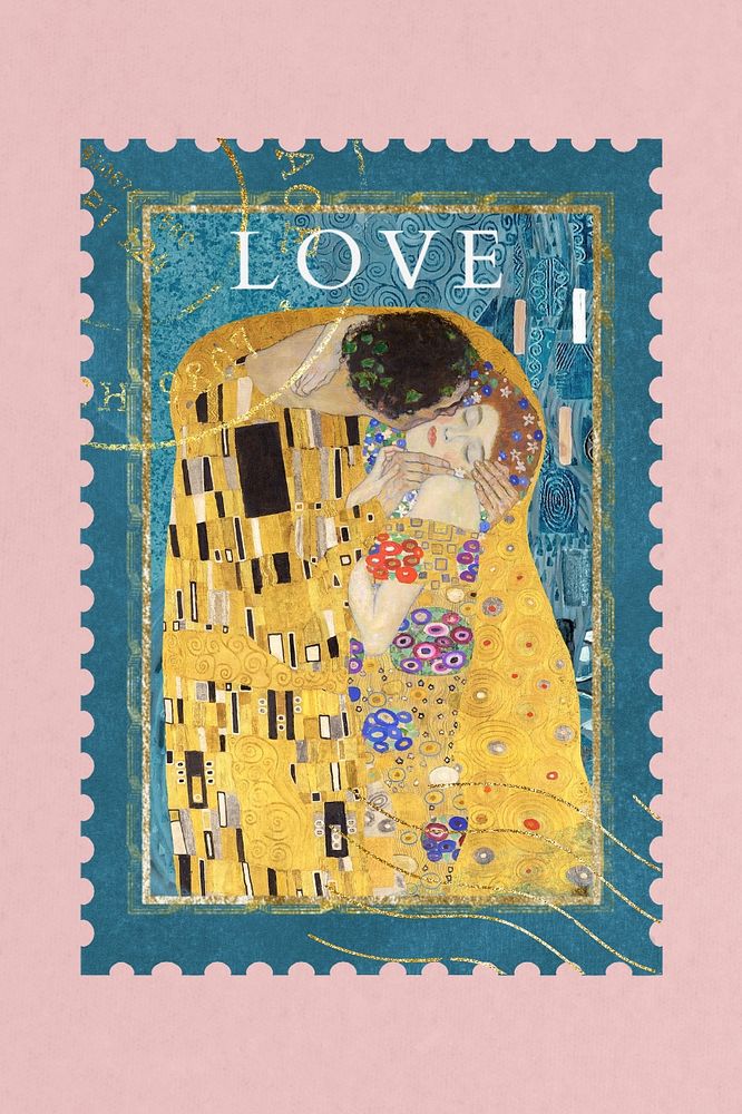 Gustav Klimt's The Kiss postage stamp, editable famous painting design, remixed by rawpixel