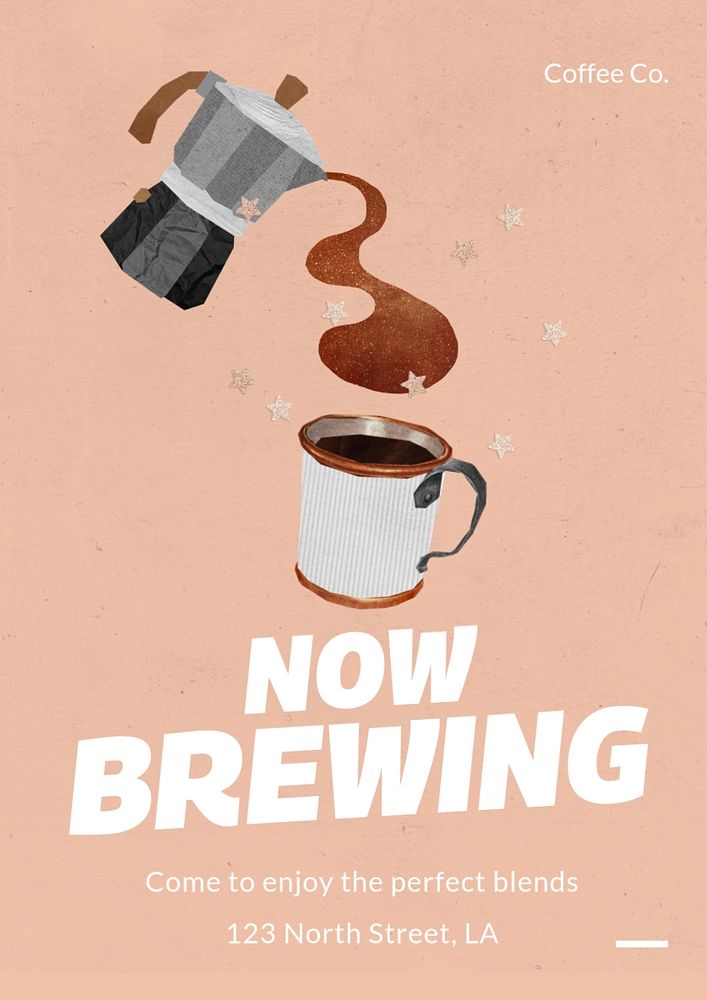 Now brewing, cafe  poster template, editable text and design