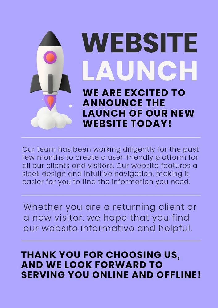 Website launch poster template, editable text and design