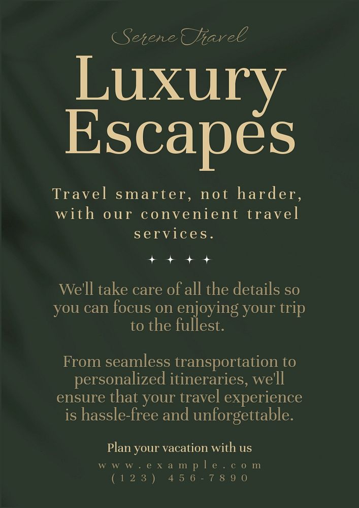 Luxury escapes poster template, editable text and design