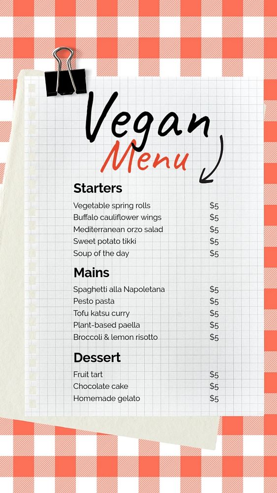 Vegan menu Instagram story template, editable text