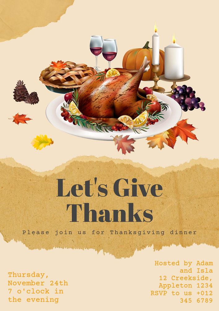 Thanksgiving dinner invitation poster template, editable text & design