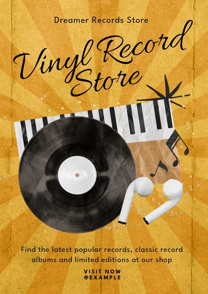 Vinyl record store poster template, editable text & design