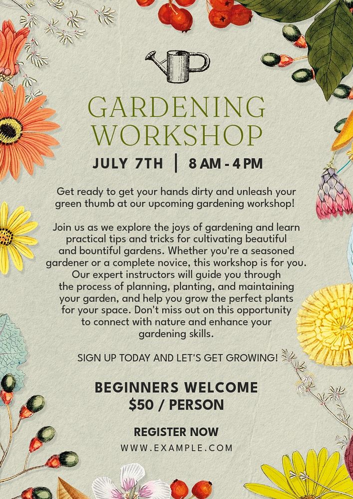 Gardening workshop poster template, editable text & design