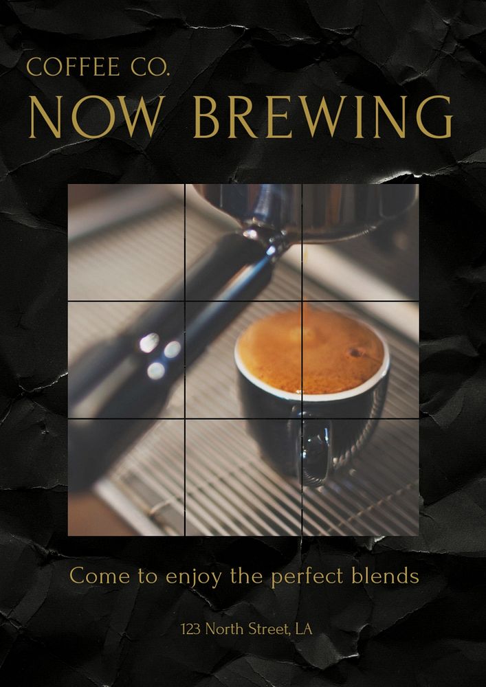 Now brewing, cafe poster template, editable text and design