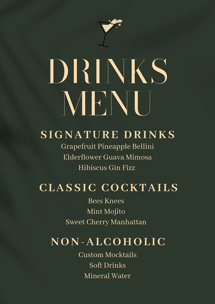 Drinks menu poster template, editable text and design