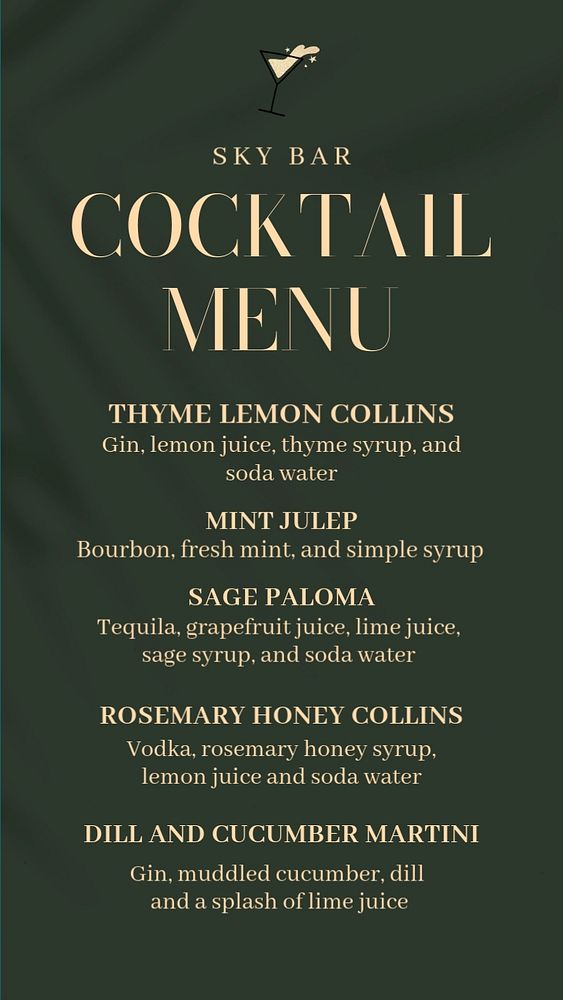 Cocktail menu Instagram story template, editable text