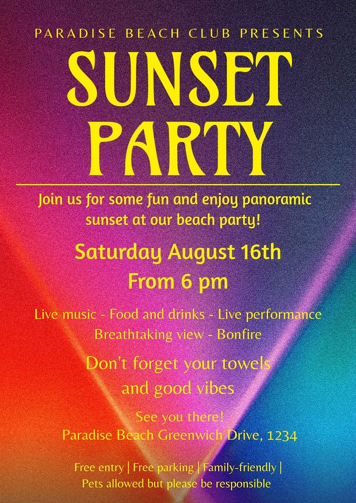 Sunset party poster template, editable text and design