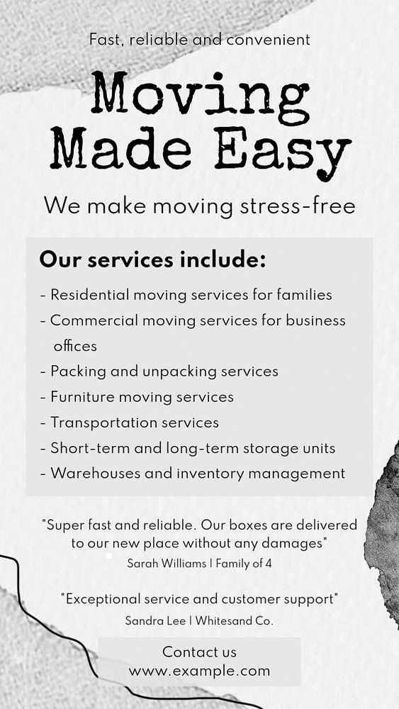 Moving service social story template, editable design